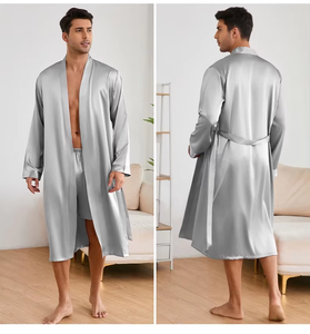 روب نوم رجالي خفيف الوزن على طراز الكيمونو من الساتان، طقم من قطعتين بأكمام طويلة، ملابس نوم مريحة وعصرية - Product Image 4