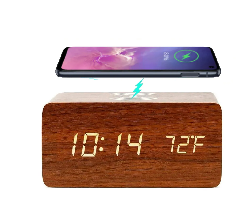 LED Calendar Time Temperature Voice Control Wood Digital Alarm Clock