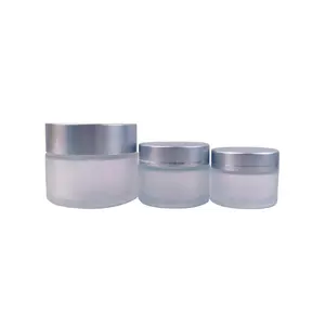 Wholesale Frosted Glass Cream Jar Cosmetic Storage Packaging Round Glass Jar With Silver Screw Top Lid