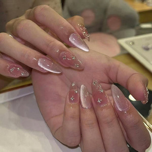 BIN <span class=keywords><strong>Faux</strong></span> <span class=keywords><strong>Ongles</strong></span> Portables Nude Effet Œil de Chat, Forme Amande Courte, Strass Scintillants, Embouts d'Art Ongulaire Transfrontaliers, Marque Nationale - Product Image 1