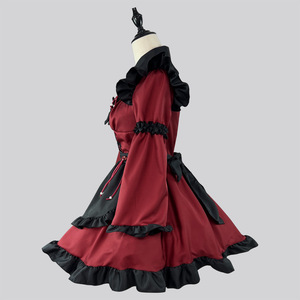 Claret Gothic Lolita Maid Dress With Ruffles And Apron For Anime Cosplay Costume Performance - Product Image 3