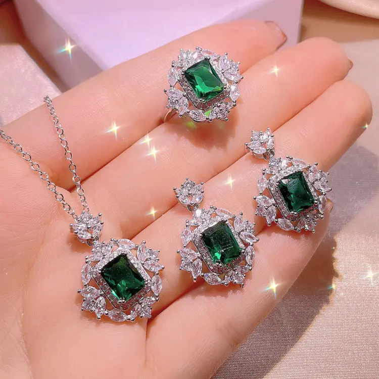 Wedding Bridal Austrian Crystal Necklace Rhinestone Earring Accessories Luxury Emerald Gemstone Fashion Jewelry Set For Women