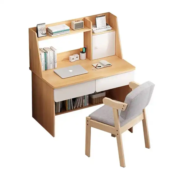 Kids Wooden Study Desk Chair Set Writing Table with Bookshelf