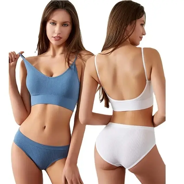 Conjunto de sujetador y bragas Sexy para mujer, ropa interior deportiva de realce, sin costuras, activa, Tanga, lencería, Top corto de Fitness