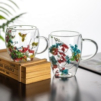 Tasse à café en verre borosilicate transparent personnalisée avec paille, ensemble de tasses à double paroi en verre avec fleurs séchées