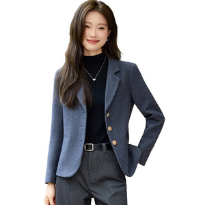 Women's Blazer Brown Gray Solid Color Woolen Fabric Single Breasted Petite Fit Autumn Winter 2025 - Product Image 5