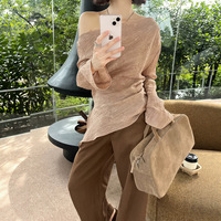 HOO Blouse Décontractée à Manches Cloche, Style Français, Jacquard Texturé à Motifs Floraux, Épaules Dénudées, Coupe Ample, Collection Début d'Automne