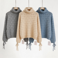 Pull en maille ras-du-cou pour femme, gris uni, à motif quadrillé ajouré, avec manches raglan, cordon de serrage à la manche, coupe ample et courte, style décontracté
