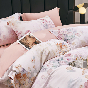 Bộ đồ giường in hoa thiết lập tông màu hồng màu nước thiết kế hoa mềm mại thoải mái trải giường cho phòng ngủ hiện đại - Product Image 1