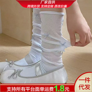 Women's Over The Knee Slouch <b>Socks</b> With Bow Design Breathable Gray White Blue <b>Black</b> Polyester Fiber Youth Size - Product Image 5