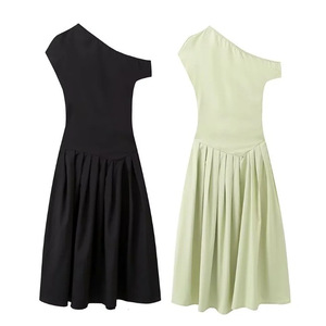 Abito lungo da donna elegante con spalle scoperte, in maglia slim a maniche corte, con ampia gonna a ruota, per primavera estate, di tendenza, sexy e popolare - Product Image 6