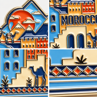 Épinglette en émail souple plaquée or, souvenir de voyage du Maroc, motif Montagnes de l'Atlas et chameau, style badge marocain