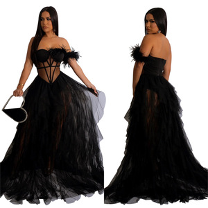 Vestidos de <span class=keywords><strong>Fiesta</strong></span> Largos Elegantes Personalizados y Vestido de Plumas con Malla Acanalada, Vestidos de Noche Elegantes con Hombros Descubiertos para Graduación <span class=keywords><strong>2022</strong></span>, Vestidos de Noche Sexys - Product Image 1