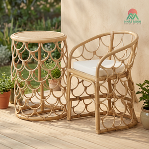 Conjunto de mesa y silla de ratán para niños Nhat Minh, estilo tropical redondo, muebles ecológicos para exteriores, diseño de respaldo sólido - Product Image 3