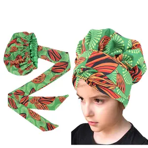 Hot Lovely Kids Girl African Print Hear wrap Satin Baby Bonnet Hat With Long Ribbon Tie