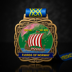 Medaglia Personalizzata dei Fjord della Norvegia, Incisa a Rilievo 3D, Bordo Ornamentale Quadrato, Nave Vichinga, Smalto Morbido, Lega di Zinco, Premio - Product Image 1