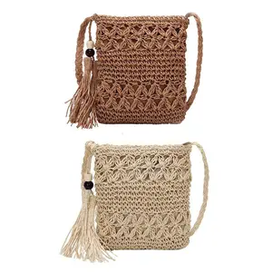 Grande borsa a tracolla intrecciata in Rattan borsa in legno con manico in paglia borse in pelle mercato perle ornamento