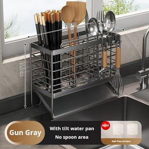 Porte-éponge pour évier de cuisine avec boîte de rangement pour cuillère, en acier au carbone antirouille, support de brosse amovible, plateau d'égouttement automatique - Product Image 3