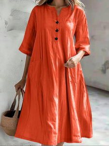 Abito da donna in lino di cotone da donna a mezza manica lunga a V con motivo Patchwork a tre bottoni - Product Image 4