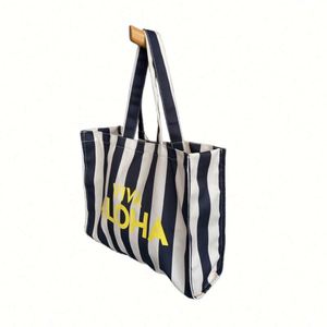 Bolsa de Compras de Lona de Algodón Reciclado Natural con Rayas Verticales, Personalizada, con Múltiples Bolsillos - Product Image 3