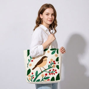 Miss <span class=keywords><strong>Adola</strong></span> Ästhetische Stickerei-Tragetasche für Damen, Wiederverwendbare Canvas-Schultertasche mit Niedlichem 3D-Baum- und Vogel-Stickmuster - Product Image 1