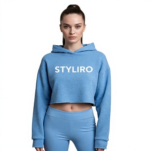 Women's Cropped Hoodie Blue Letter Print Sweatshirt Regular Sleeve Knitted Cotton Autumn Wear - Product Image 1