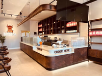 Ensemble de mobilier de café en velours, comptoir en bois pour café, design commercial pour restaurant