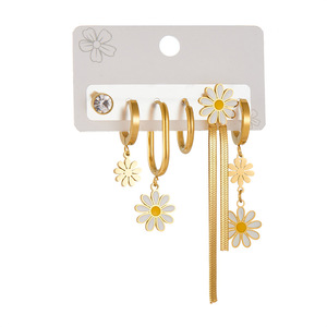 Daisy Drop Earrings Stainless Steel Gold Flower Asymmetrical Chain Pendant Set For Women Fashion Jewelry E6001 - Product Image 5