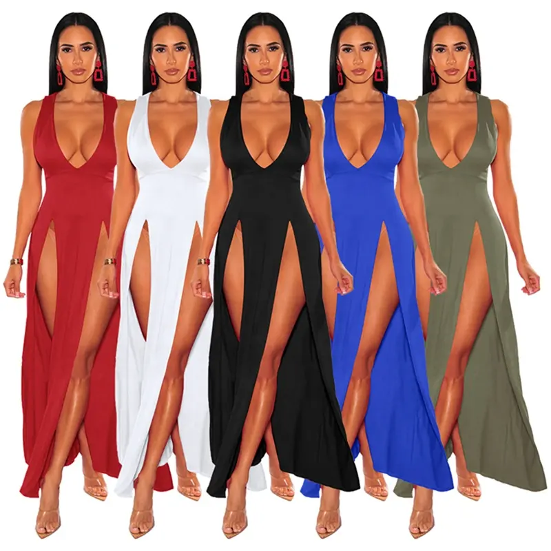 Drop Shipping Women's Sexy Sleeveless Deep V Neck Double Thigh High Slit Bodycon Clubwear Party Maxi Dress