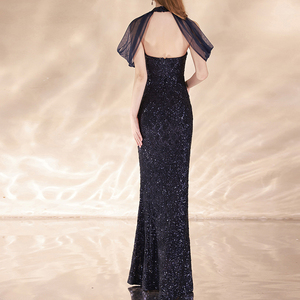 Robe Empire pour femmes Style élégant 2025 épaules dénudées formel volant ourlet fente luxe soirée licou paillettes motif naturel - Product Image 3