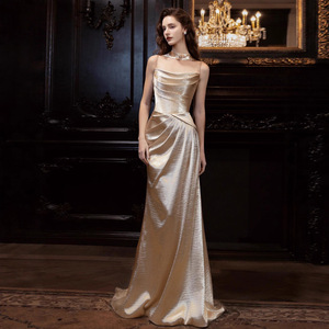 Evening Gown Women Champagne Strapless Draped Natural Waist Long Dress For Coming Of Age Ceremony - Product Image 1
