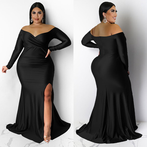 N7749 Abito Sexy da Donna Taglie Forti, Vestito da Club con Scollo a V, Formale, Tinta Unita, con <span class=keywords><strong>Spacco</strong></span> Lungo per Autunno e Inverno - Product Image 2