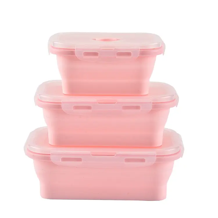 Pink Colorful Rectangle Silicone Foldable Lunch Box Microwave Oven Safe Silicone Food Storage Containers