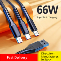 Câble USB 3 en 1 à charge rapide 66W 6A, tressé en nylon, multifonction, cordon de synchronisation de données pour les appareils Huawei Type-C et Android