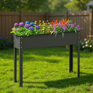 Jardinera Elevada Moderna de Metal con Patas y Orificio de Drenaje para Vegetales y Flores, Diseño Cuadrado con Recubrimiento de Polvo Negro - Product Image 2