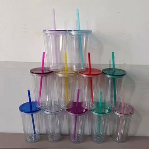 Transparent Colored Plastic Cup Customizable Logo Pattern 16Oz 480Ml Double Wall Plastic Straw Cup Tumbler Cup Mug With Straw - Product Image 5