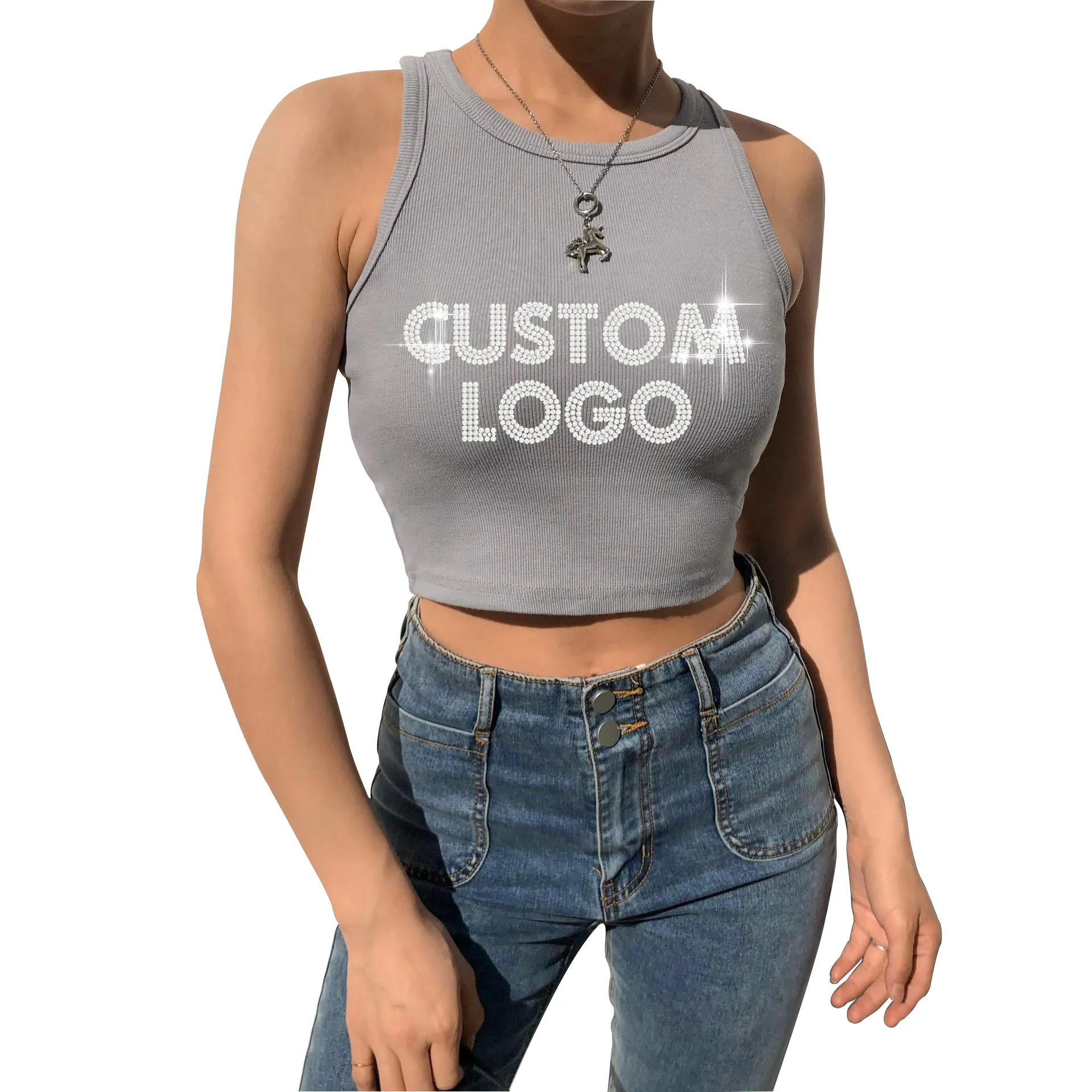 custom logo sexy ladies white womens cotton black white diamond halter butterfly tube rhinestone ribbed crop top tank for women