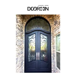 Doorwin Anti-theft Securityr Modern Front Entrance Wrought Iron Glass Door Exterior Front Double Entry Black Steel Doo