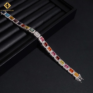 925 Sterling Silver VVS Moissanite <b>Rainbow</b> Emerald Cut Tennis <b>Bracelet</b> Halo Setting Colorful Gemstone Iced Out Geometric Jewelry - Product Image 3