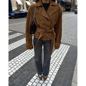 Custom 2026 Brown <b>Suede</b> Jacket <b>Women</b> Wrap Tie Full Sleeve Winter Outwear Windproof <b>Coat</b> - Product Image 5