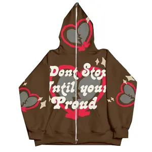 New Design Custom Logo Hip Hop Streetwear Crew Neck Men's Hoodies Letter Heart Custom Full Zip Up Hoodie Puff Print Hoodie