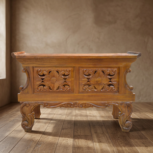 Buffet traditionnel avec détails sculptés en bois de teck massif de Bali, Indonésie, couleur brun naturel - Product Image 3