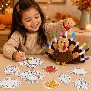 New Thanksgiving Turkey Felt Marker Holder Set with 12 Watercolor Pens and 10 Coloring Cards Kids DIY Craft Activity <b>Kit</b> - Product Image 2