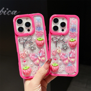 เคสโทรศัพท์มือถือลายกลิตเตอร์สตรอว์เบอร์รี่ผีเสื้อโบว์ สำหรับ iPhone 17 Air 16 15 14 Pro Max ลายดอกไม้เรซิ่นเชอร์รี่ DIY ดาวประดับด้านหลัง - Product Image 1