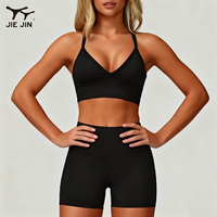 JIEJIN Dongguan Schweiß ableitende 2-teilige, solide, elastische Taille mit hoher Taille, Sport-Fitness-Yoga-Kleidung für Damen