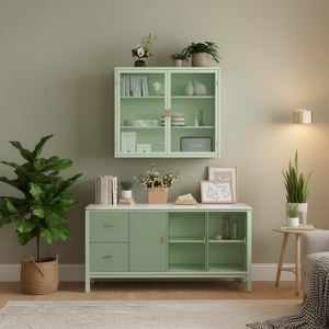 Vetrina Moderna Verde Menta a Due Ante con Vetro, Mobile Contenitore a Tre Ripiani per Ingresso, Soggiorno, Bagno, Sala da Pranzo - Product Image 2