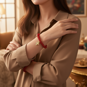 <b>Red</b> Beaded <b>Bracelet</b> With Gold Cross Charm 316L Stainless Steel PVD Gold Plating Sustainable Resistant Fashion Jewelry - Product Image 3