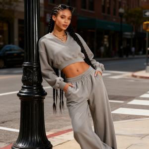 TKAN437D OEM Wholesale Custom Acid Wash Streetwear Drop <b>Shoulder</b> Long Sleeve Crop Boxy Fit Anti-Wrinkle Women V-Neck Hoodie - Product Image 1