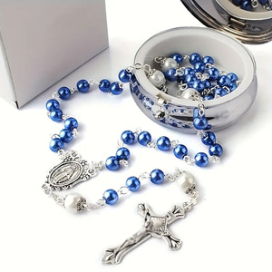Collana Rosario Personalizzata Fatta a Mano con Perle di Vetro Imitazione 6mm, Regalo Religioso per Donne e Uomini, Ideale per Battesimo - Product Image 5