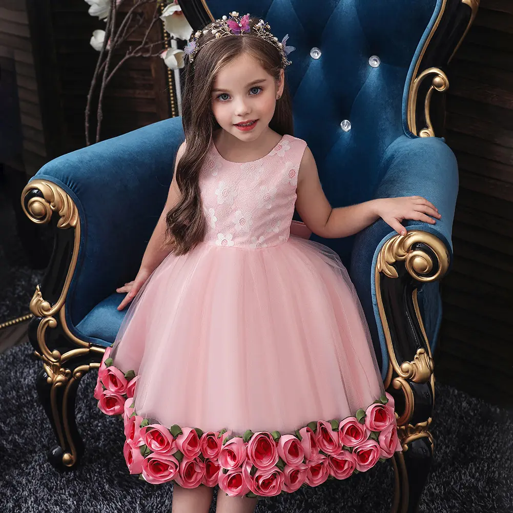 Otoño niña princesa falda niño 3D Rosa flor grande pasarela vestido infantil de la ropa de los niños